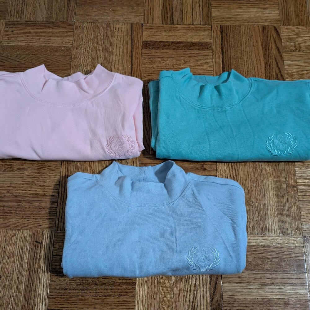 3 Blair long-sleeve turtlenecks - pink, turquoise, and light blue (Size Medium)